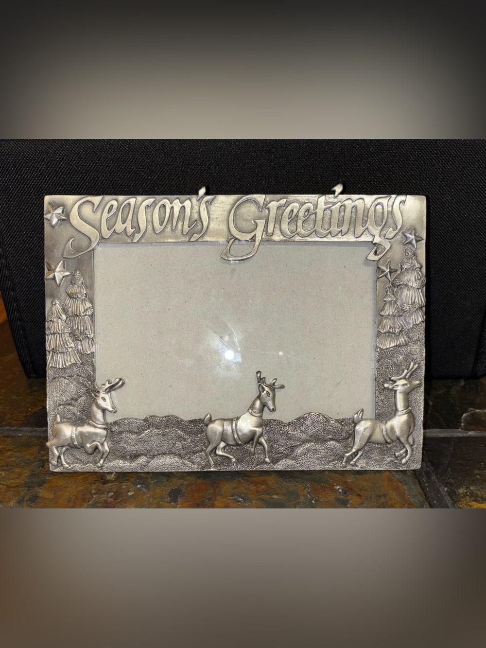 Seasons Greetings 3D Pewter Silver Tone Christmas Frame 4x6